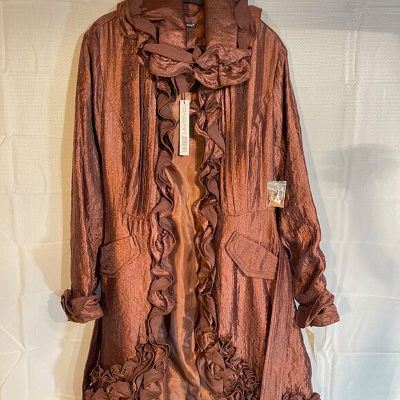 Jackets & Blazers - NWT Bronze Satin Trench Coat with Ruffled Trim Size M Rutched